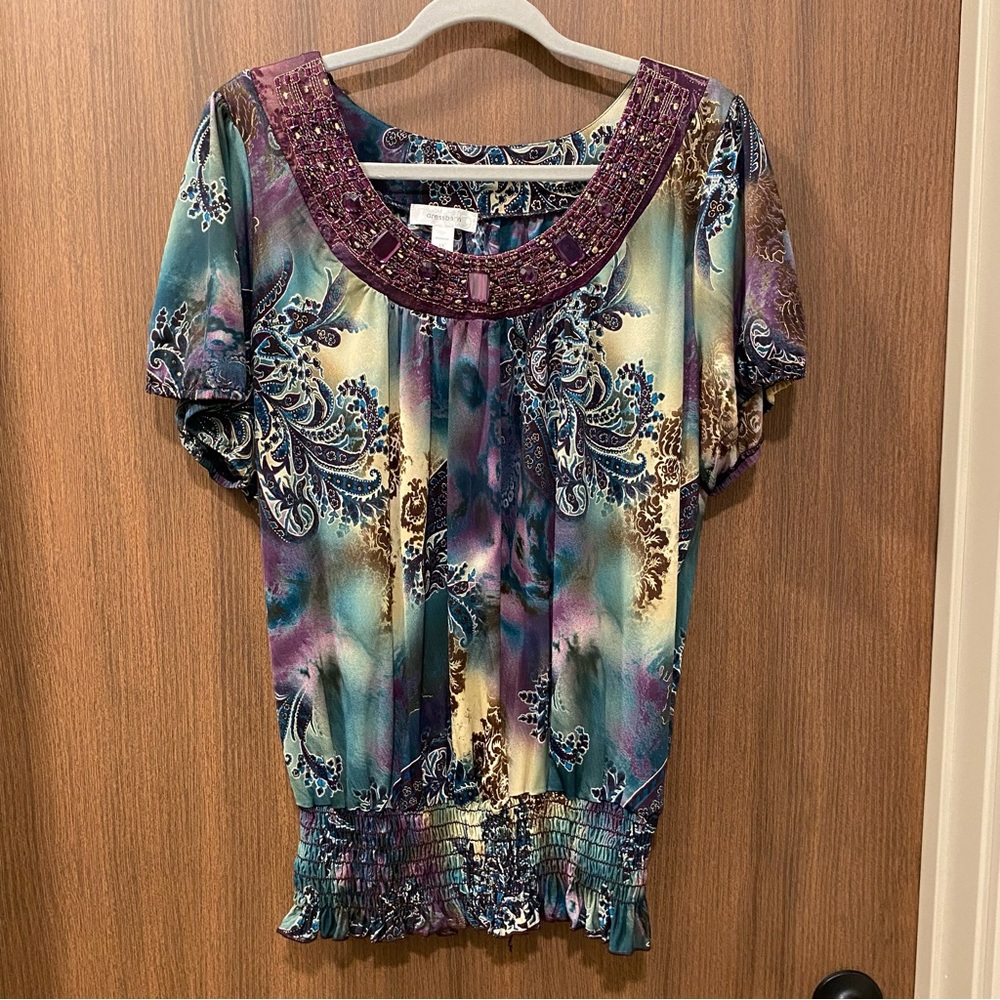 DRESSBARN Y2K Paisley Smocked Blouse Size 1X Beaded Embroidered Mesh Neckline - Picture 3 of 11